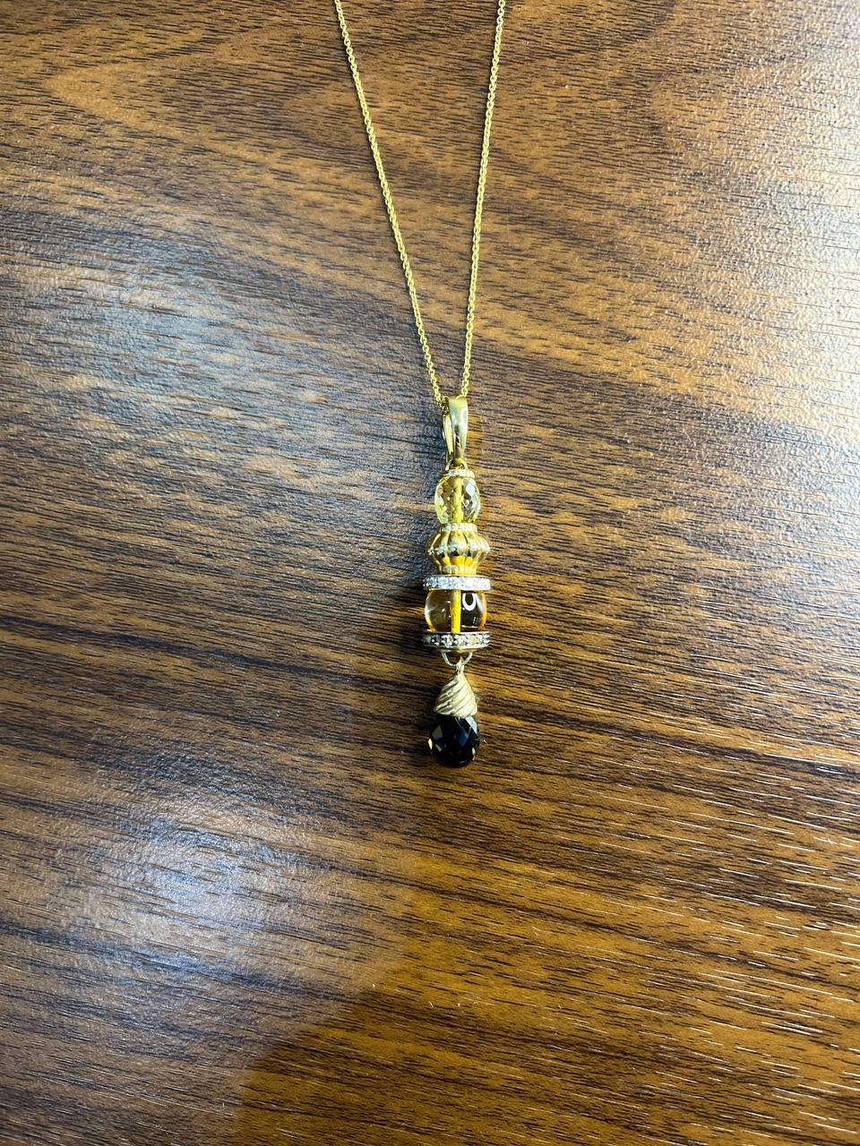 Smoky Brown Yellow Quartz Orange Citrine 14K Gold Diamonds Pendant Necklace