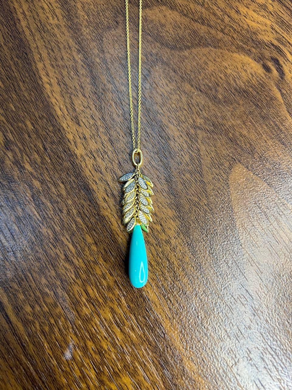 Teal Blue Turquoise Diamond Leaf Leaves Tree 14K Yellow Gold Pendant Necklace