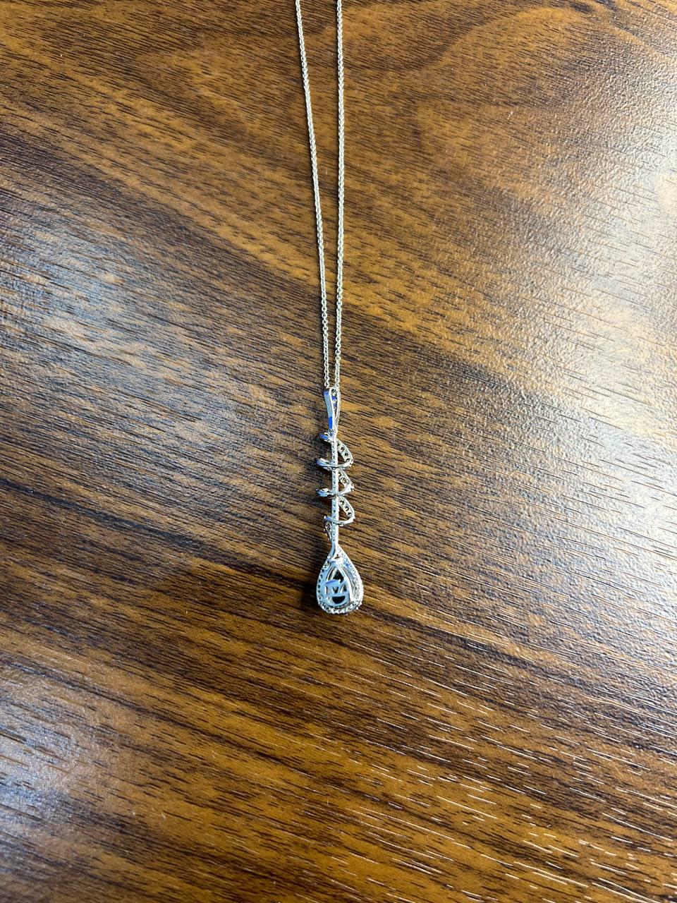 Small Blue Sapphire Pear Drop Diamond Halo Spiral White Gold Pendant Necklace