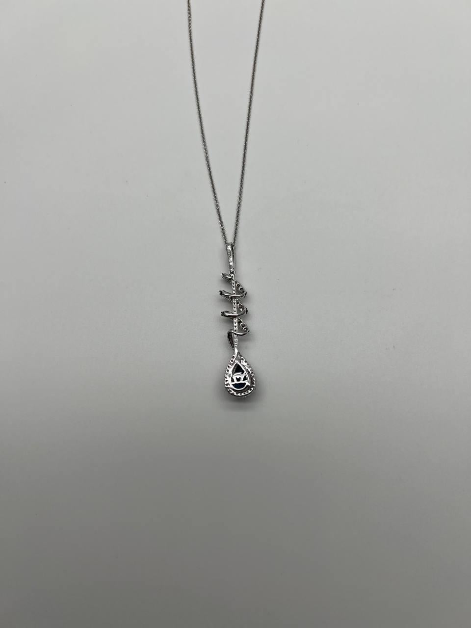 Small Blue Sapphire Pear Drop Diamond Halo Spiral White Gold Pendant Necklace