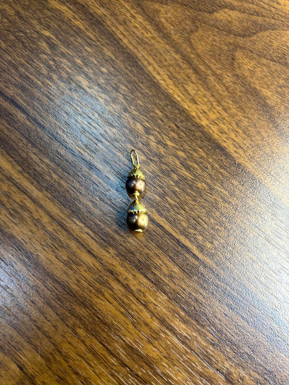 Two Tahitian Black Brown Pearls 18K Yellow Gold Brown Diamond Pave Charm Pendant