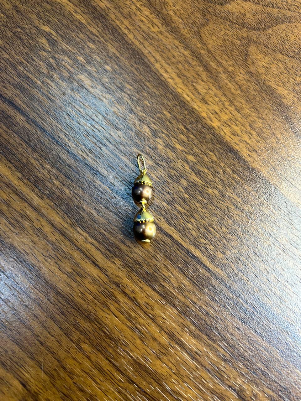 Two Tahitian Black Brown Pearls 18K Yellow Gold Brown Diamond Pave Charm Pendant