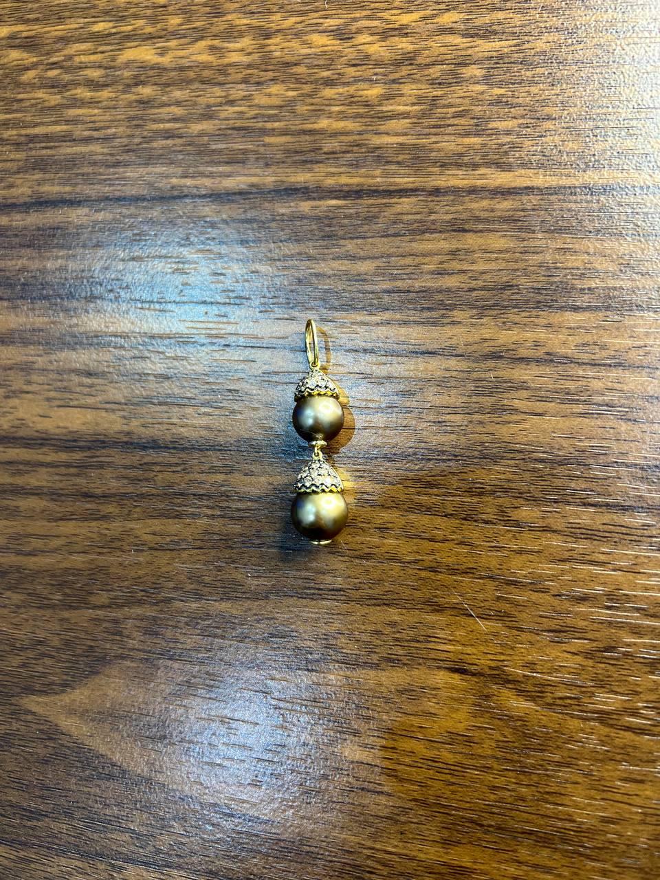 Two Tahitian Black Brown Pearls 18K Yellow Gold Brown Diamond Pave Charm Pendant