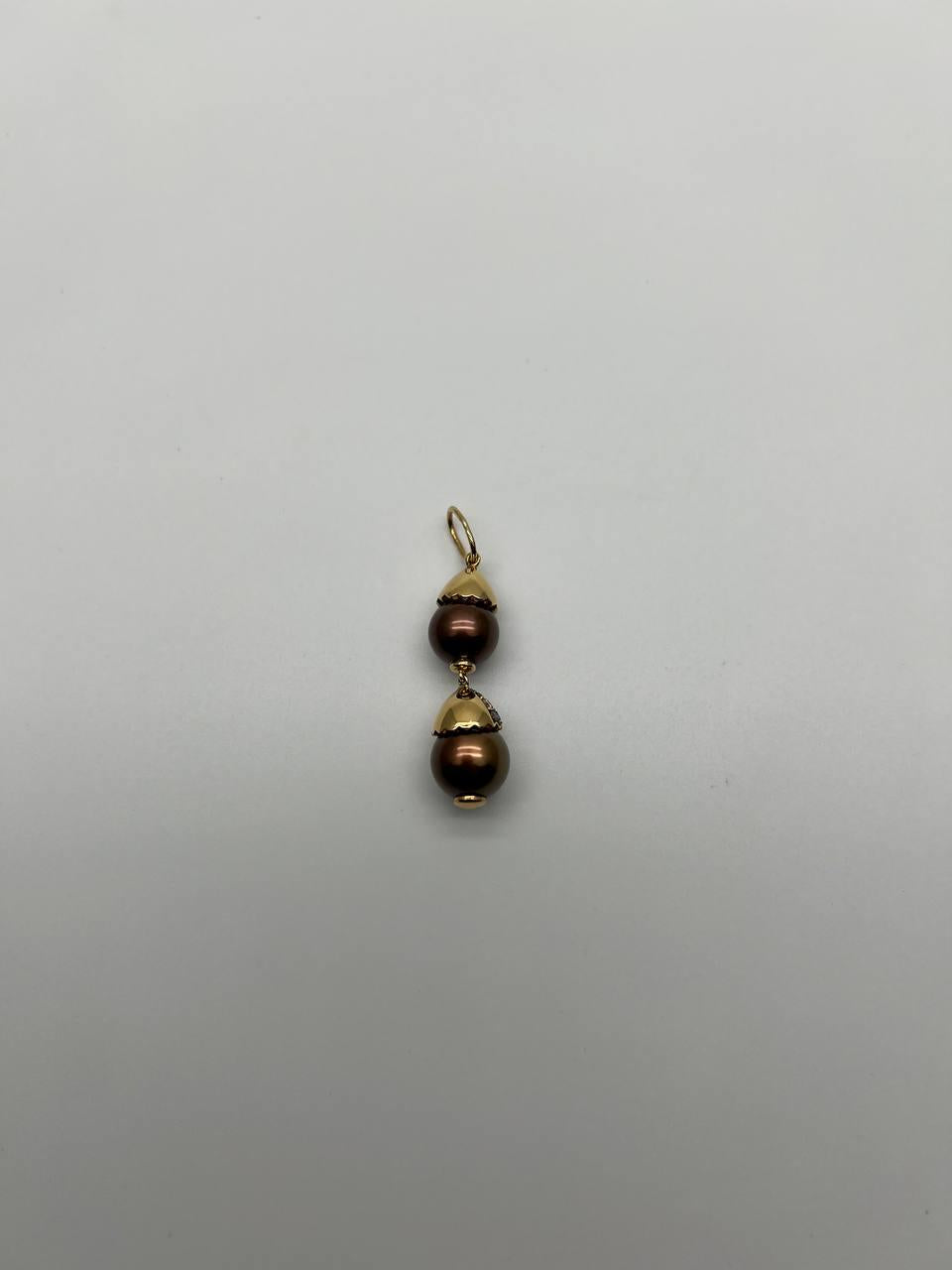 Two Tahitian Black Brown Pearls 18K Yellow Gold Brown Diamond Pave Charm Pendant