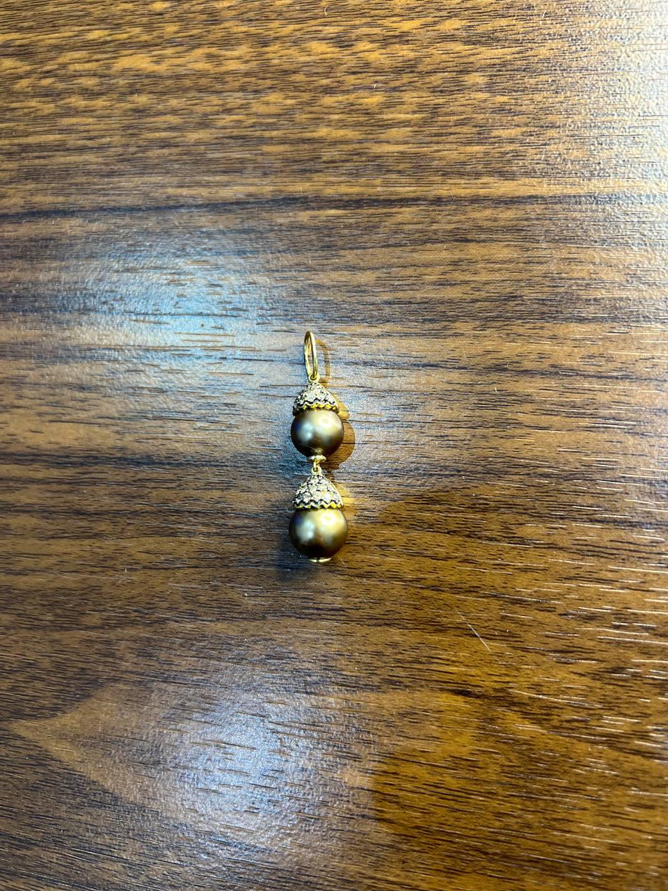 Two Tahitian Black Brown Pearls 18K Yellow Gold Brown Diamond Pave Charm Pendant