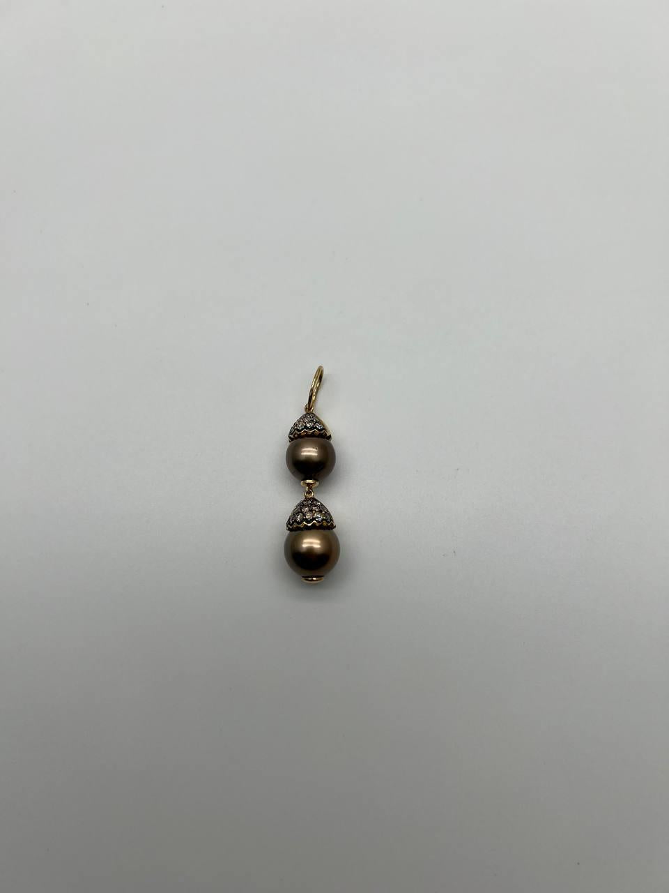 Two Tahitian Black Brown Pearls 18K Yellow Gold Brown Diamond Pave Charm Pendant