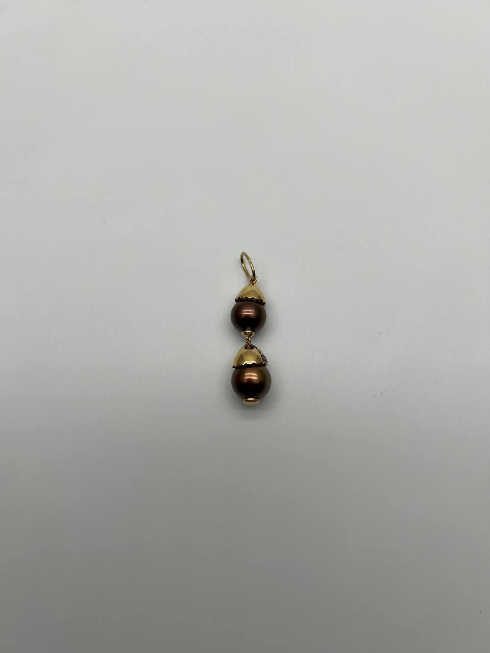 Two Tahitian Black Brown Pearls 18K Yellow Gold Brown Diamond Pave Charm Pendant