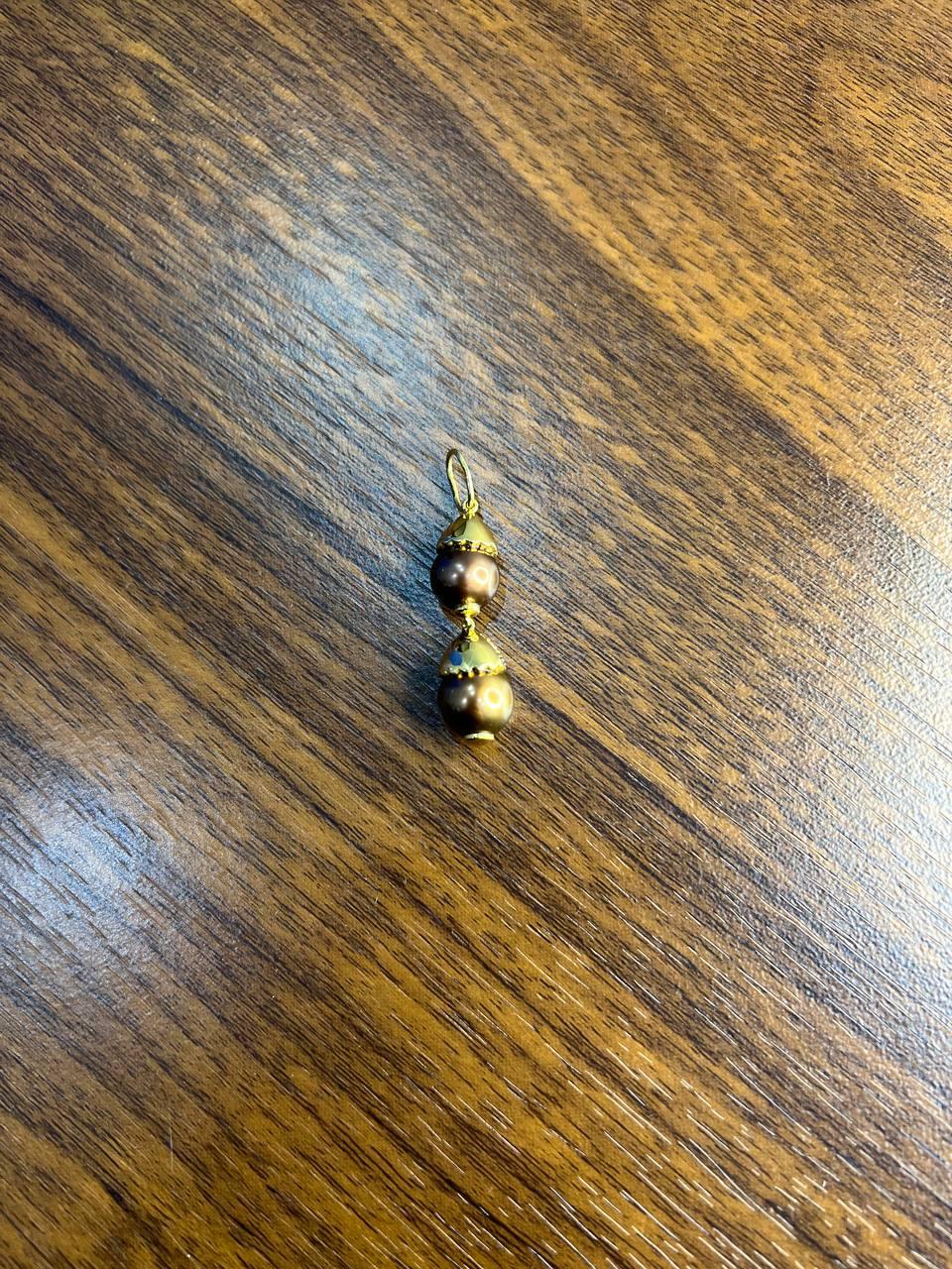 Two Tahitian Black Brown Pearls 18K Yellow Gold Brown Diamond Pave Charm Pendant