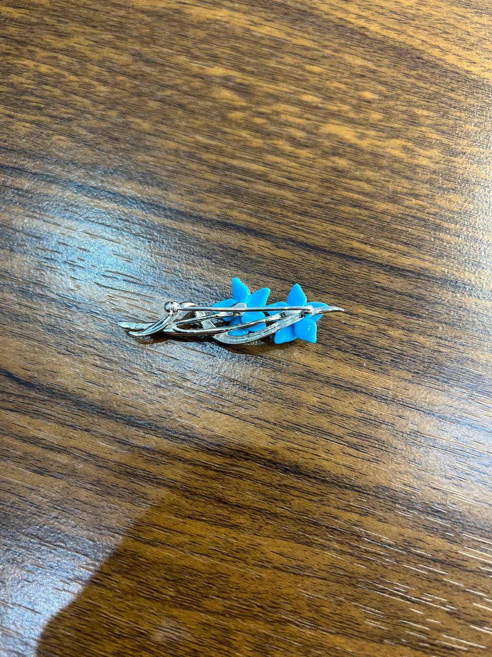 Teal Blue Turquoise Caved Floral Flower Diamonds 14K White Gold Pin Brooch