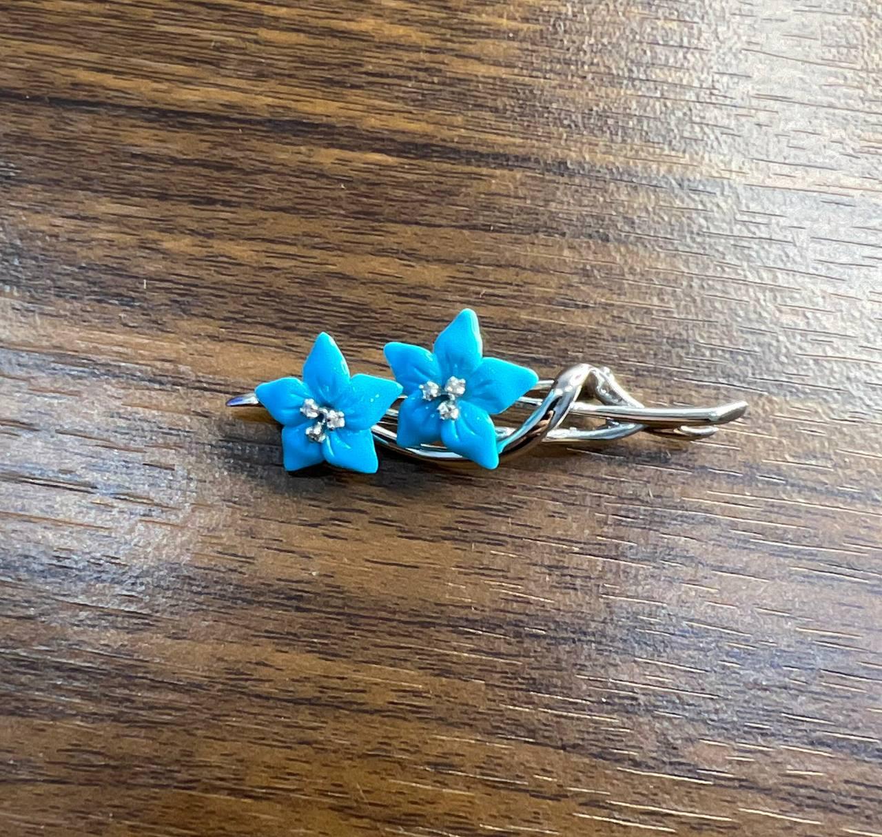 Teal Blue Turquoise Caved Floral Flower Diamonds 14K White Gold Pin Brooch