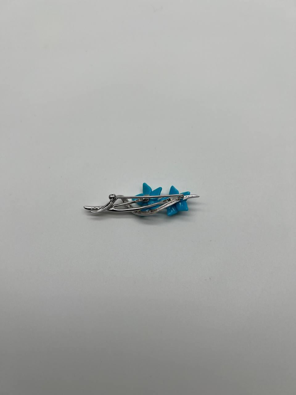 Teal Blue Turquoise Caved Floral Flower Diamonds 14K White Gold Pin Brooch