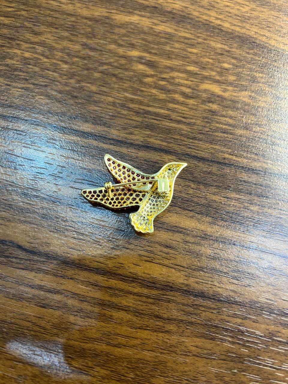 Pigeon Bird Peace Red Pink Ruby Rubies Diamonds Pave 14K Gold Pin Brooch