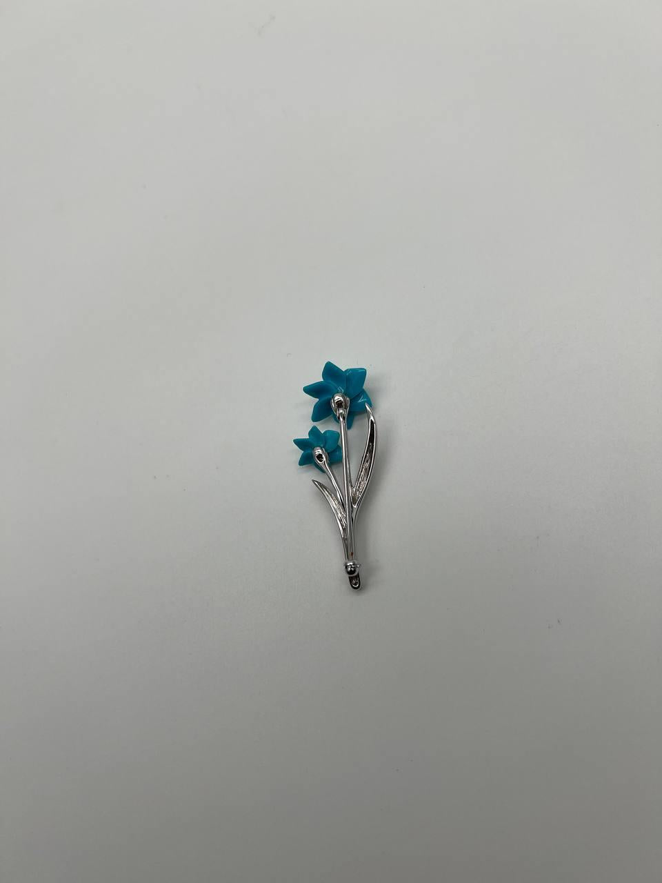 Teal Blue Turquoise Caved Floral Flower Diamonds 14K White Gold Pin Brooch