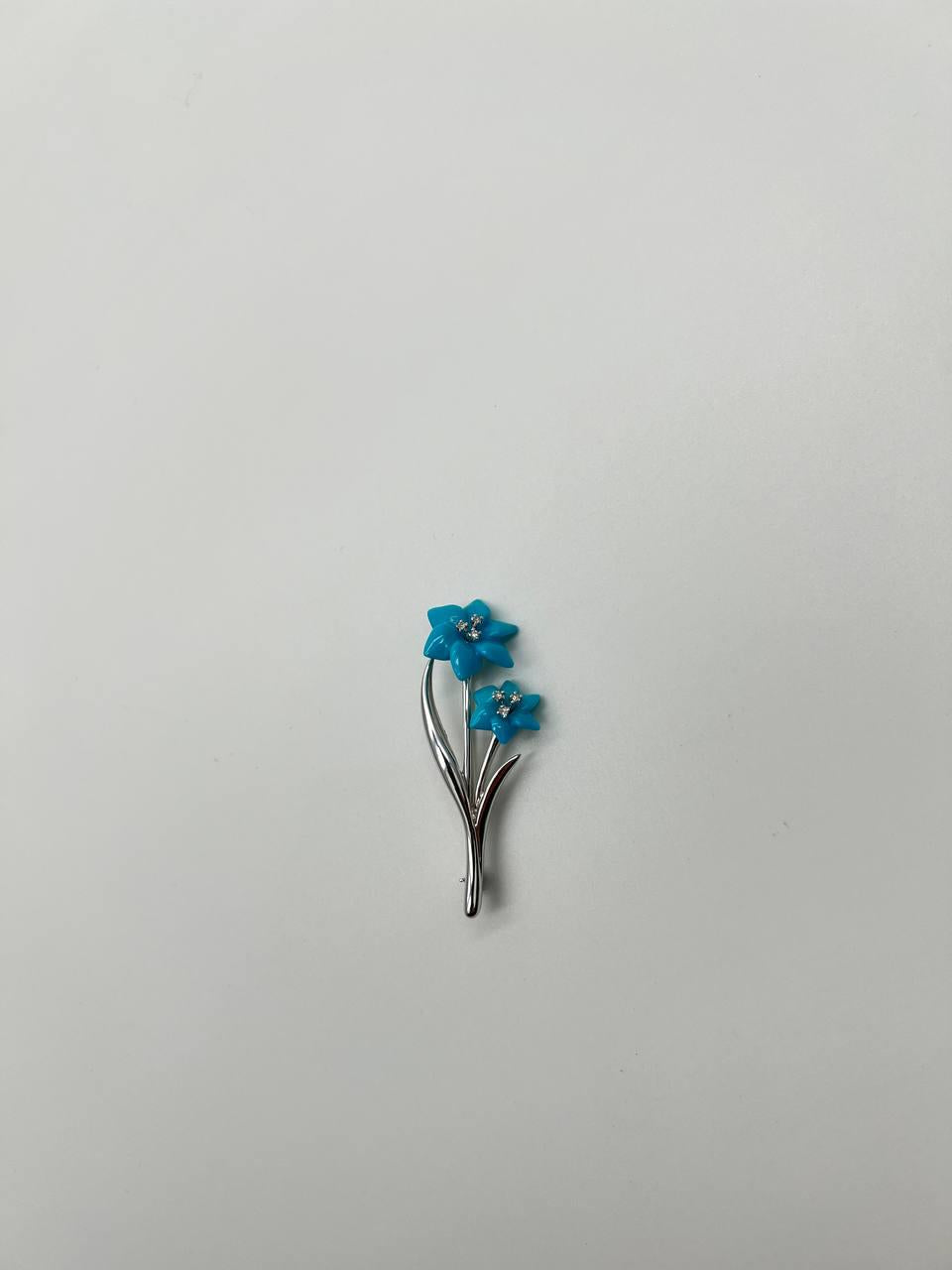 Teal Blue Turquoise Caved Floral Flower Diamonds 14K White Gold Pin Brooch