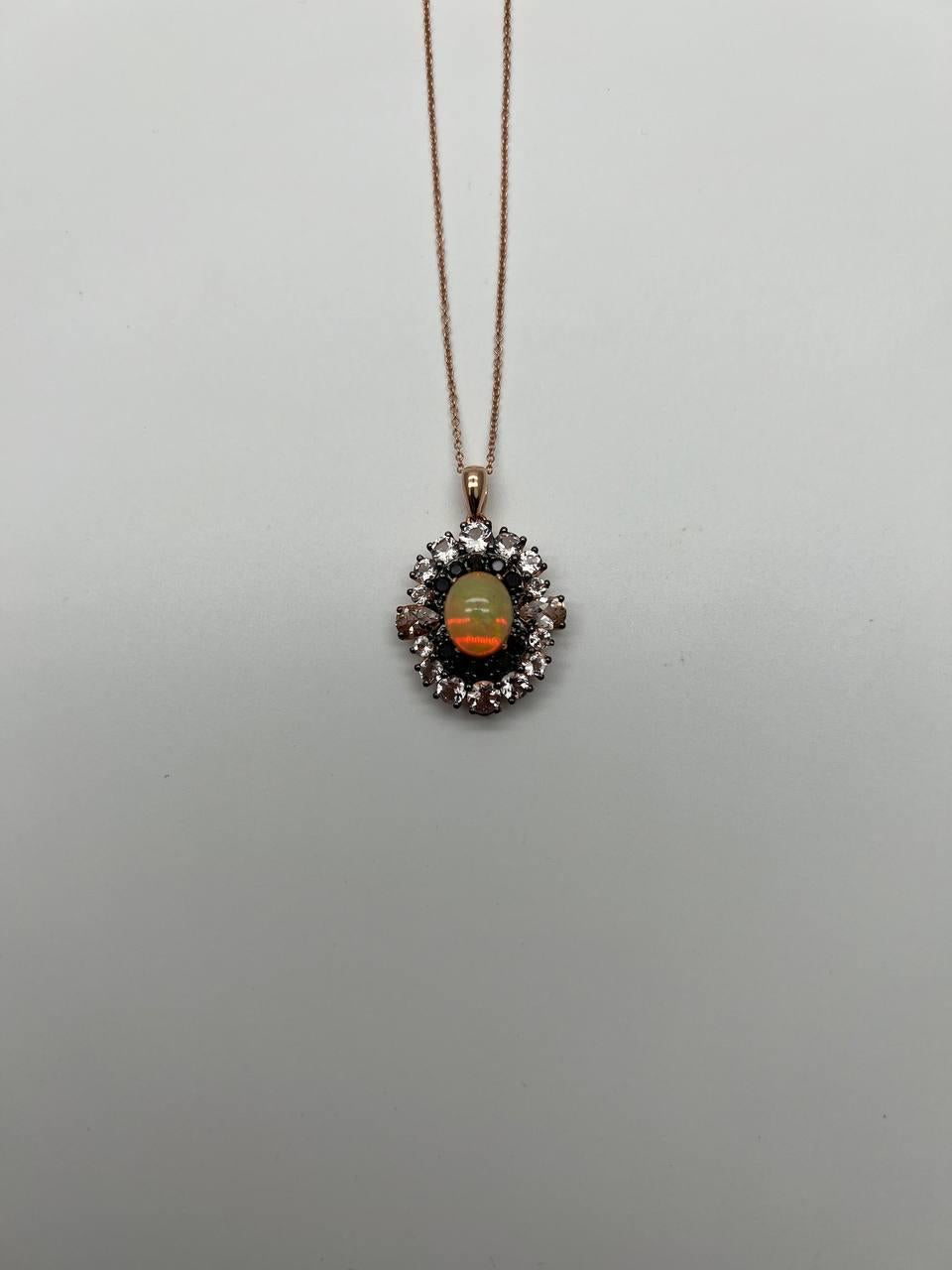 White Yellow Opal Black Diamond Halo Peach Morganite Rose Gold Pendant Necklace