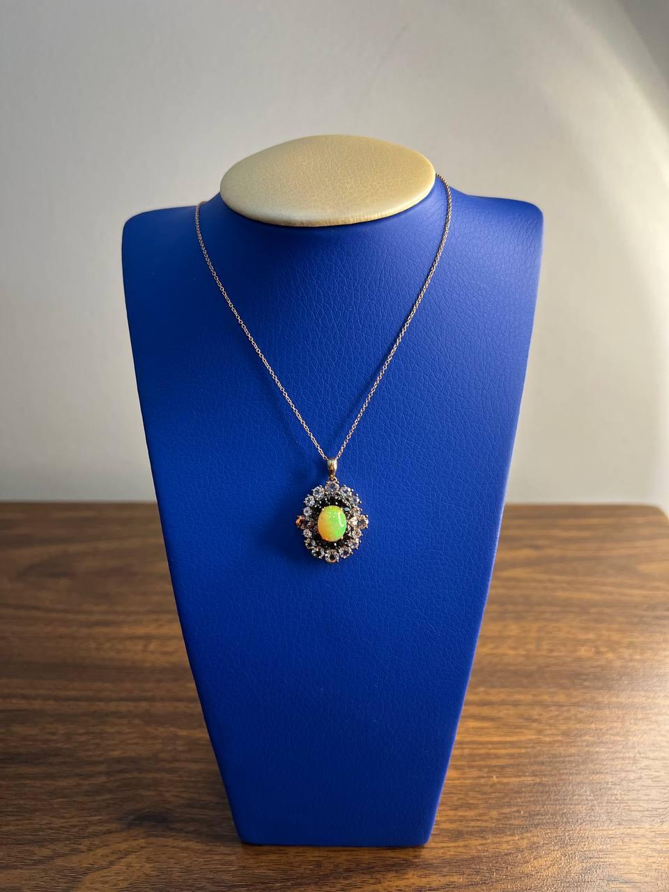 White Yellow Opal Black Diamond Halo Peach Morganite Rose Gold Pendant Necklace