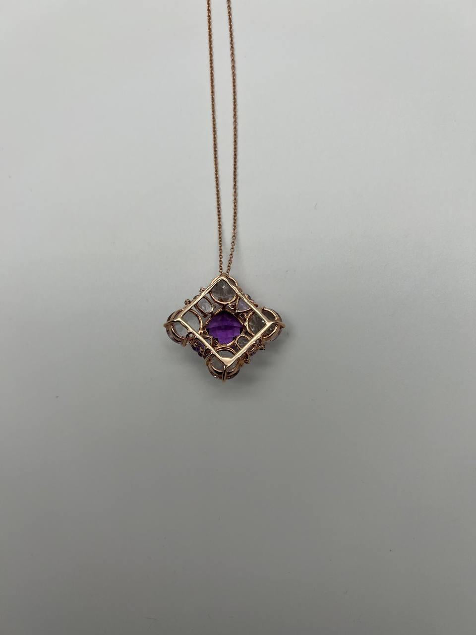 Cushion Purple Amethyst White Light Blue Gemstone 14K Rose Gold Pendant Necklace