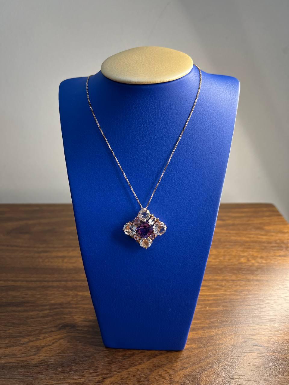 Cushion Purple Amethyst White Light Blue Gemstone 14K Rose Gold Pendant Necklace