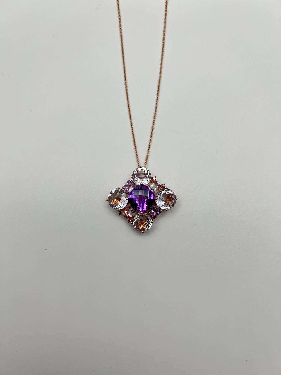 Cushion Purple Amethyst White Light Blue Gemstone 14K Rose Gold Pendant Necklace