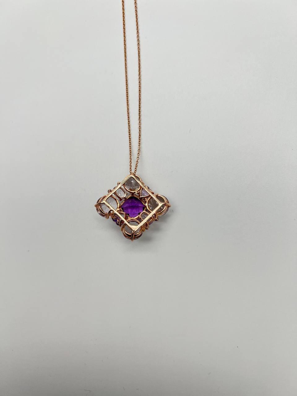 Cushion Purple Amethyst White Light Blue Gemstone 14K Rose Gold Pendant Necklace