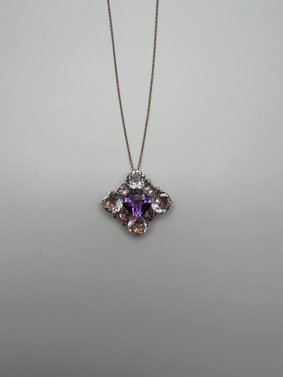 Cushion Purple Amethyst White Light Blue Gemstone 14K Rose Gold Pendant Necklace