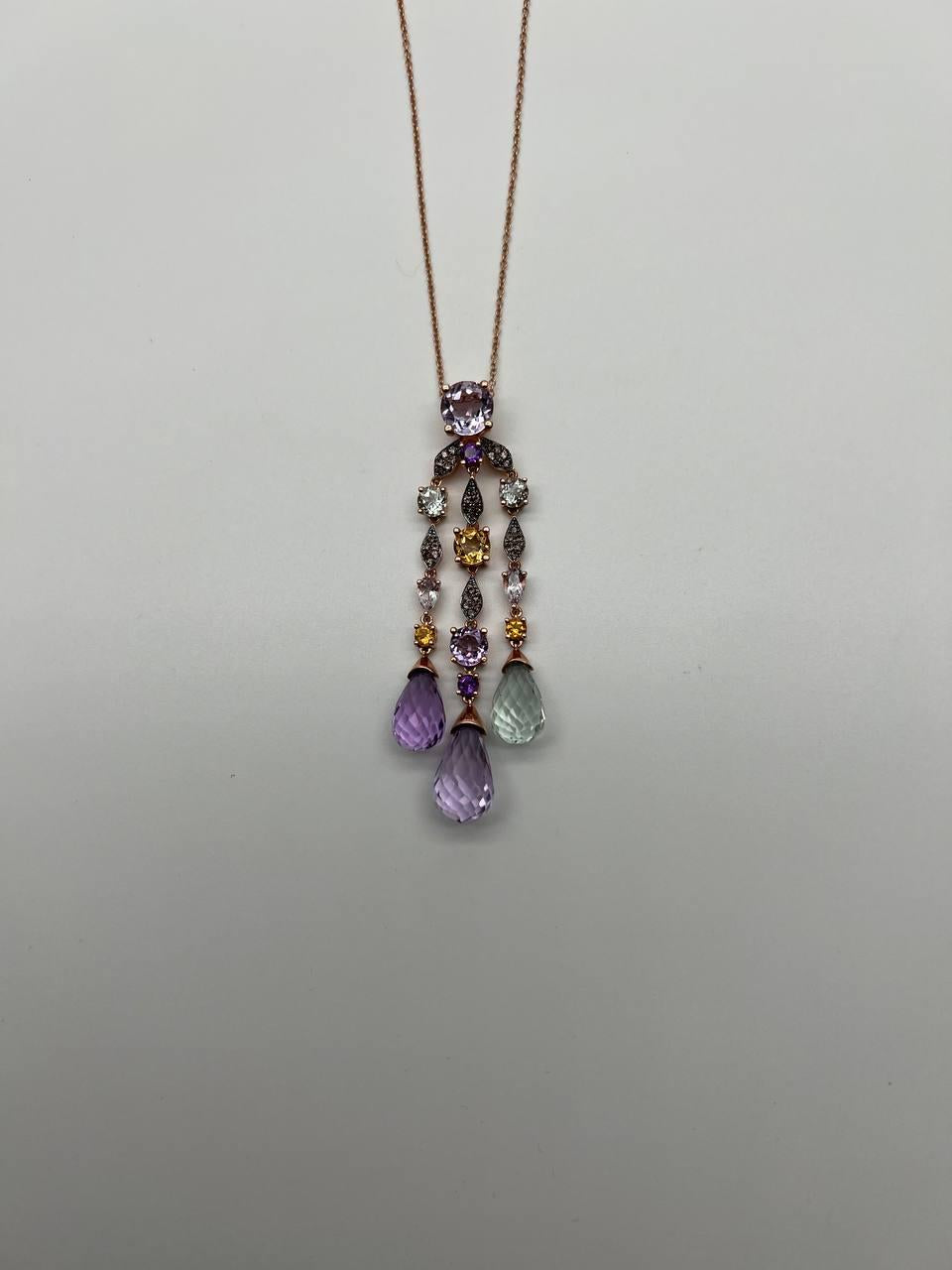 Violet Amethyst Blue Topaz Citrine Green Prasiolite Rose Gold Pendant Necklace