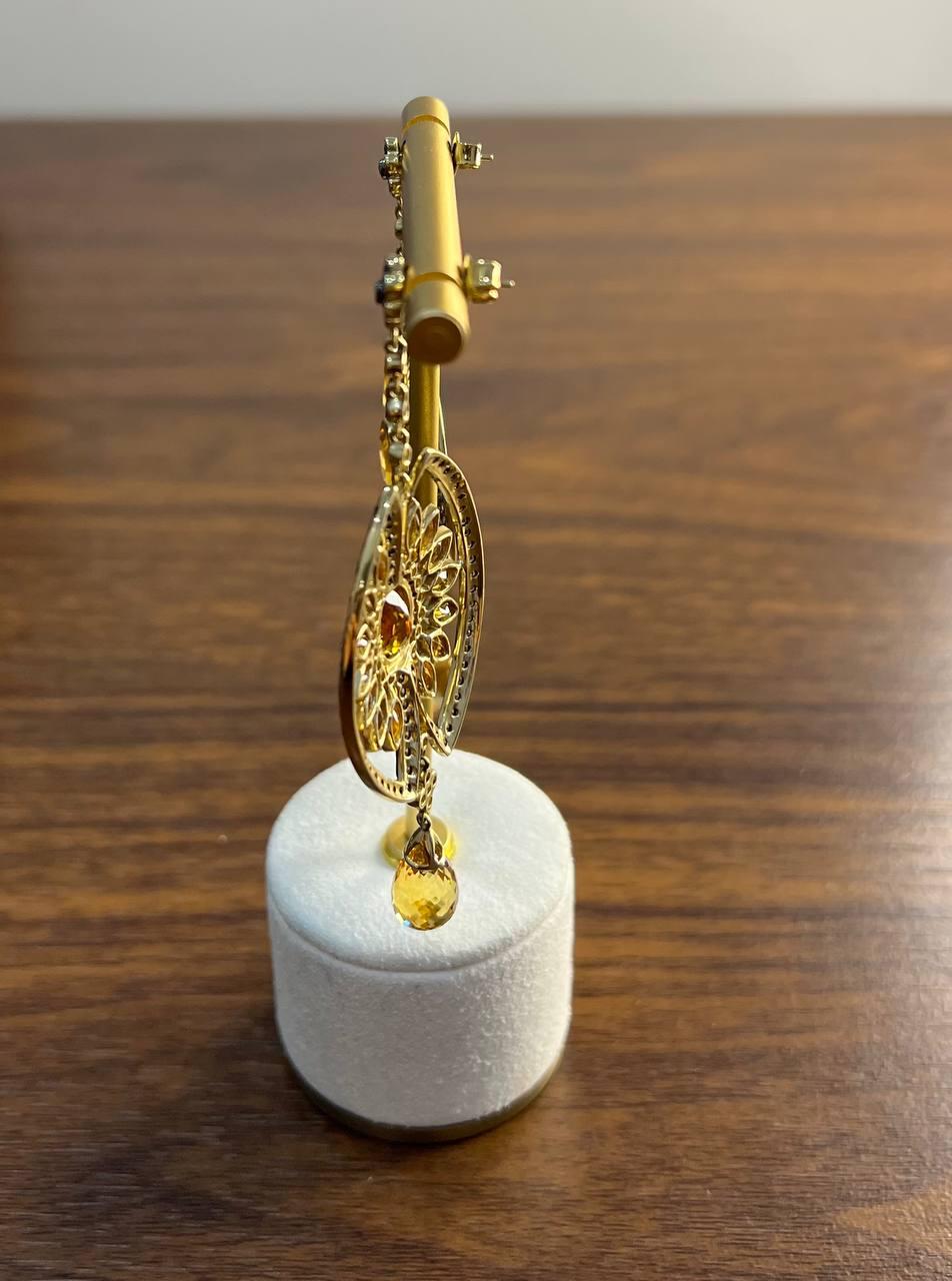 Orange Amber Citrine Black Brown Diamond Halo 14K Yellow Gold Statement Earrings