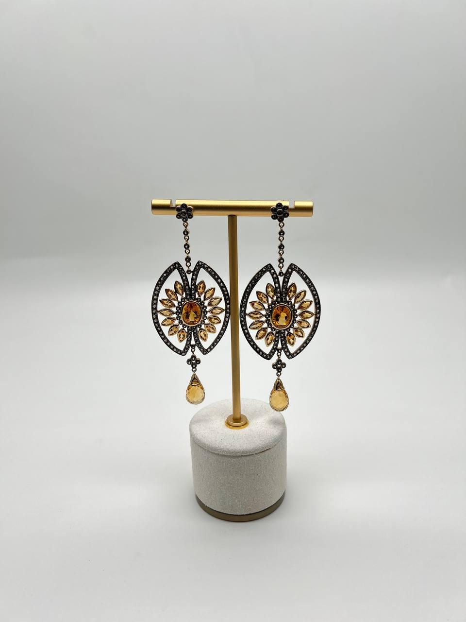 Orange Amber Citrine Black Brown Diamond Halo 14K Yellow Gold Statement Earrings