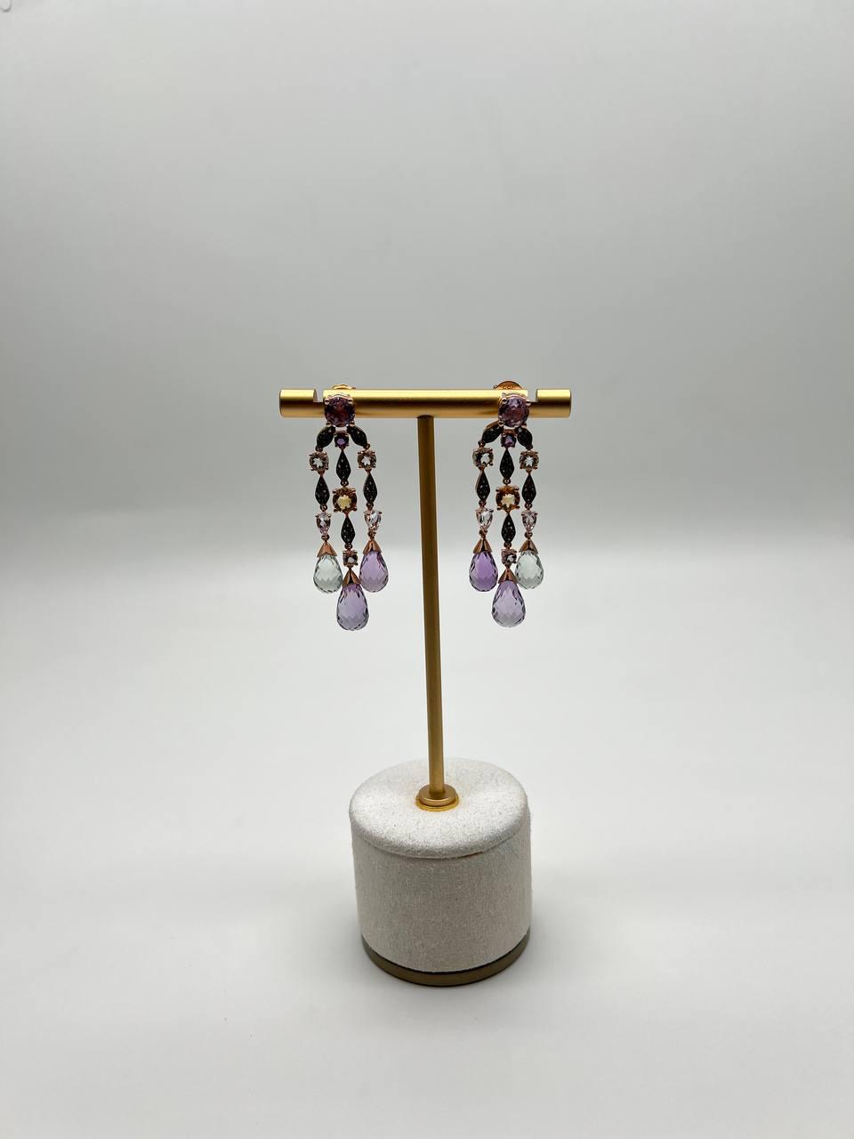 Violet Amethyst Blue Topaz Citrine Green Prasiolite 14K Rose Gold Drop Earrings