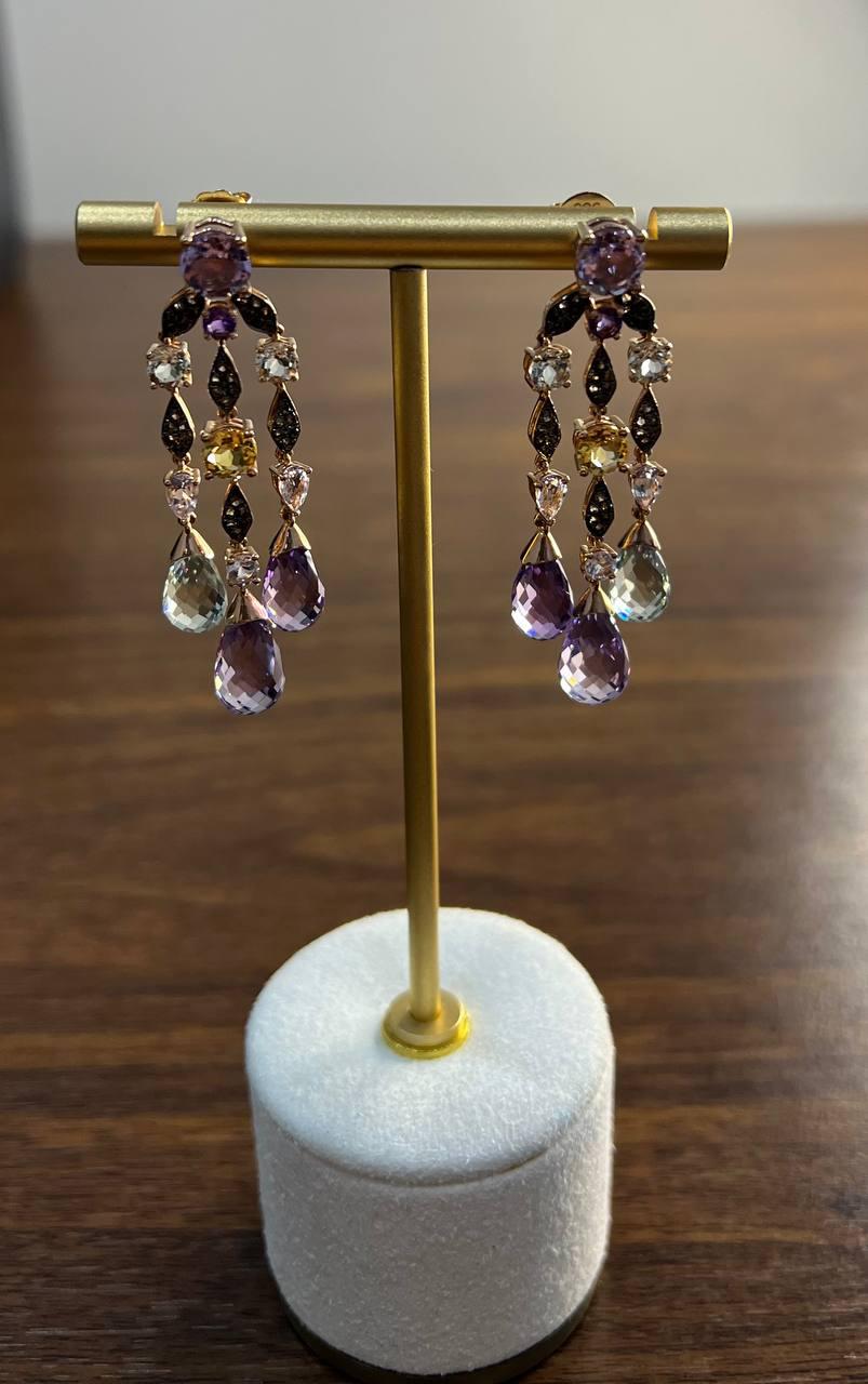 Violet Amethyst Blue Topaz Citrine Green Prasiolite 14K Rose Gold Drop Earrings