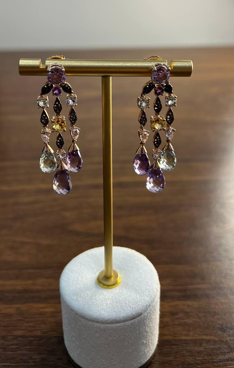 Violet Amethyst Blue Topaz Citrine Green Prasiolite 14K Rose Gold Drop Earrings