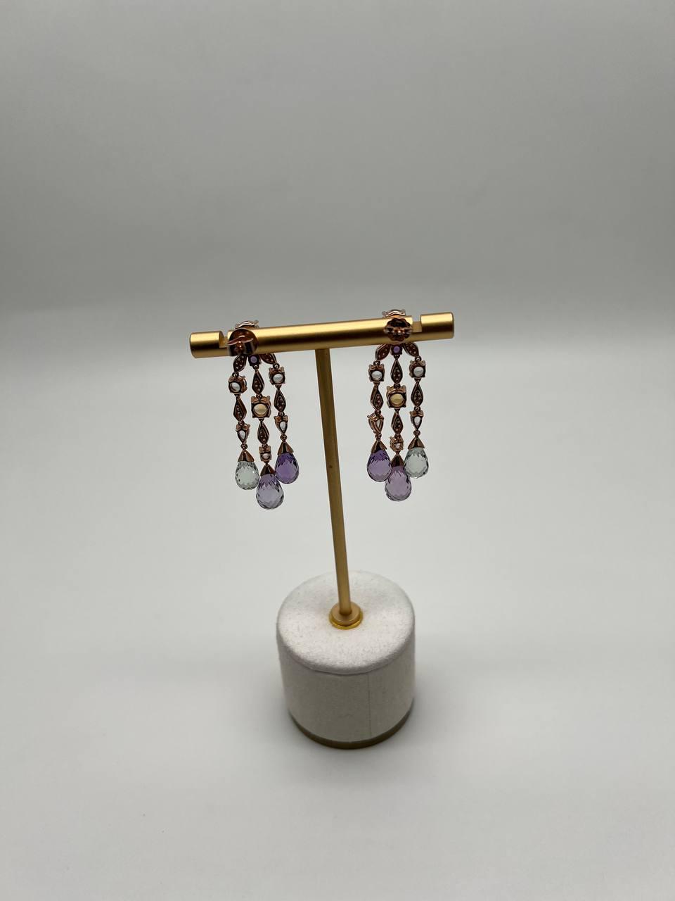 Violet Amethyst Blue Topaz Citrine Green Prasiolite 14K Rose Gold Drop Earrings