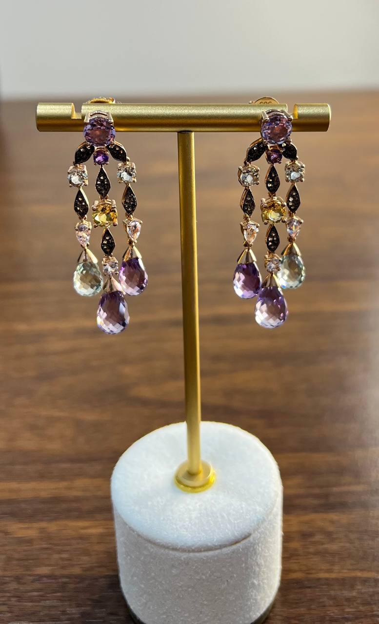 Violet Amethyst Blue Topaz Citrine Green Prasiolite 14K Rose Gold Drop Earrings