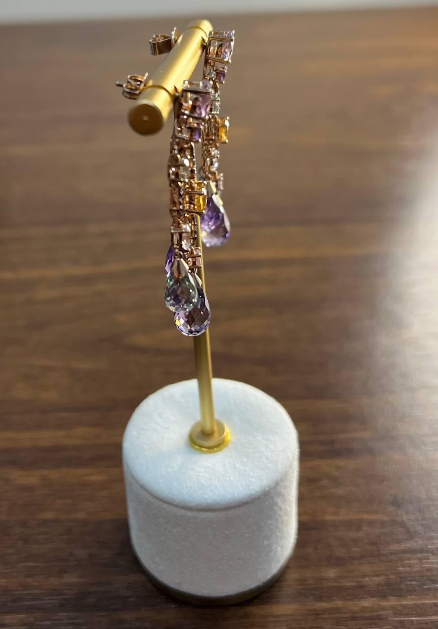 Violet Amethyst Blue Topaz Citrine Green Prasiolite 14K Rose Gold Drop Earrings