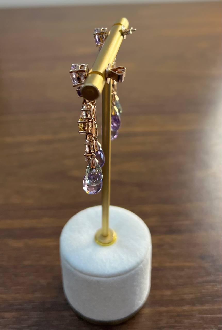 Violet Amethyst Blue Topaz Citrine Green Prasiolite 14K Rose Gold Drop Earrings