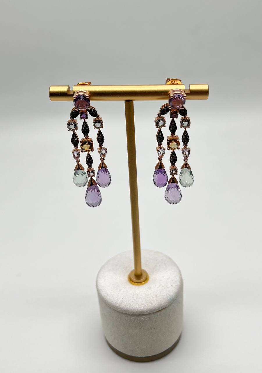 Violet Amethyst Blue Topaz Citrine Green Prasiolite 14K Rose Gold Drop Earrings
