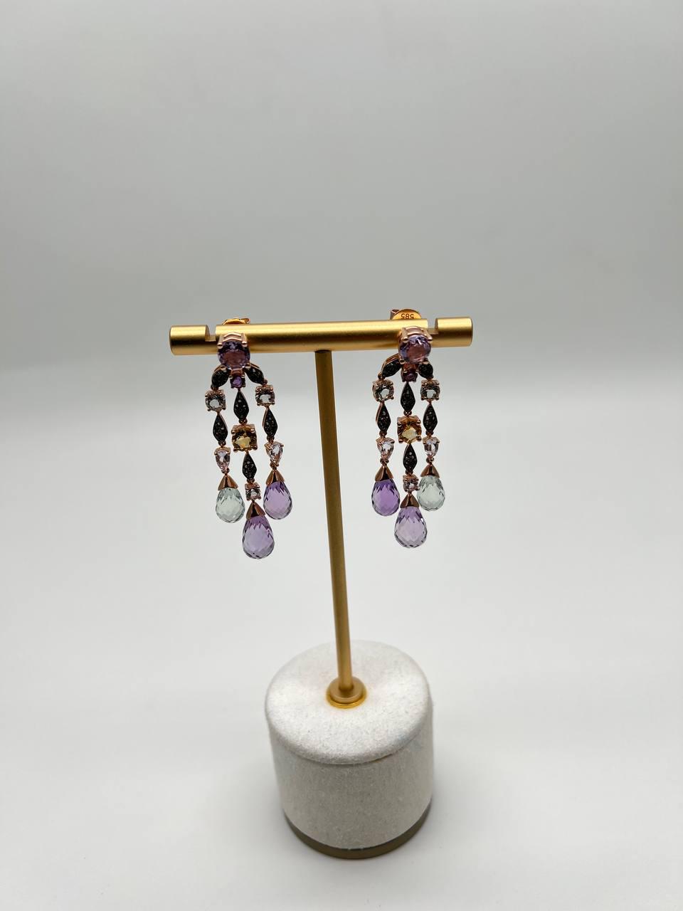 Violet Amethyst Blue Topaz Citrine Green Prasiolite 14K Rose Gold Drop Earrings