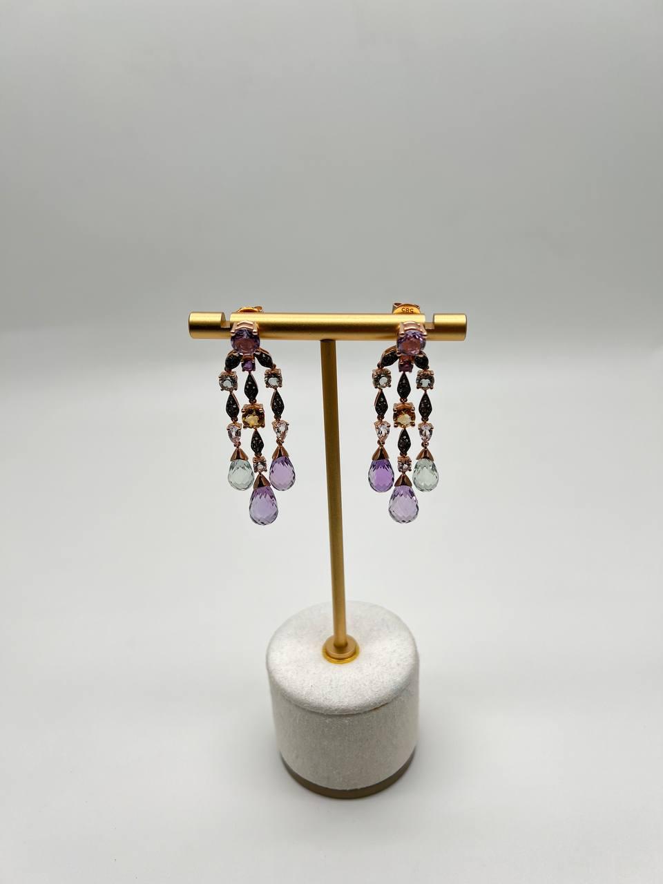 Violet Amethyst Blue Topaz Citrine Green Prasiolite 14K Rose Gold Drop Earrings