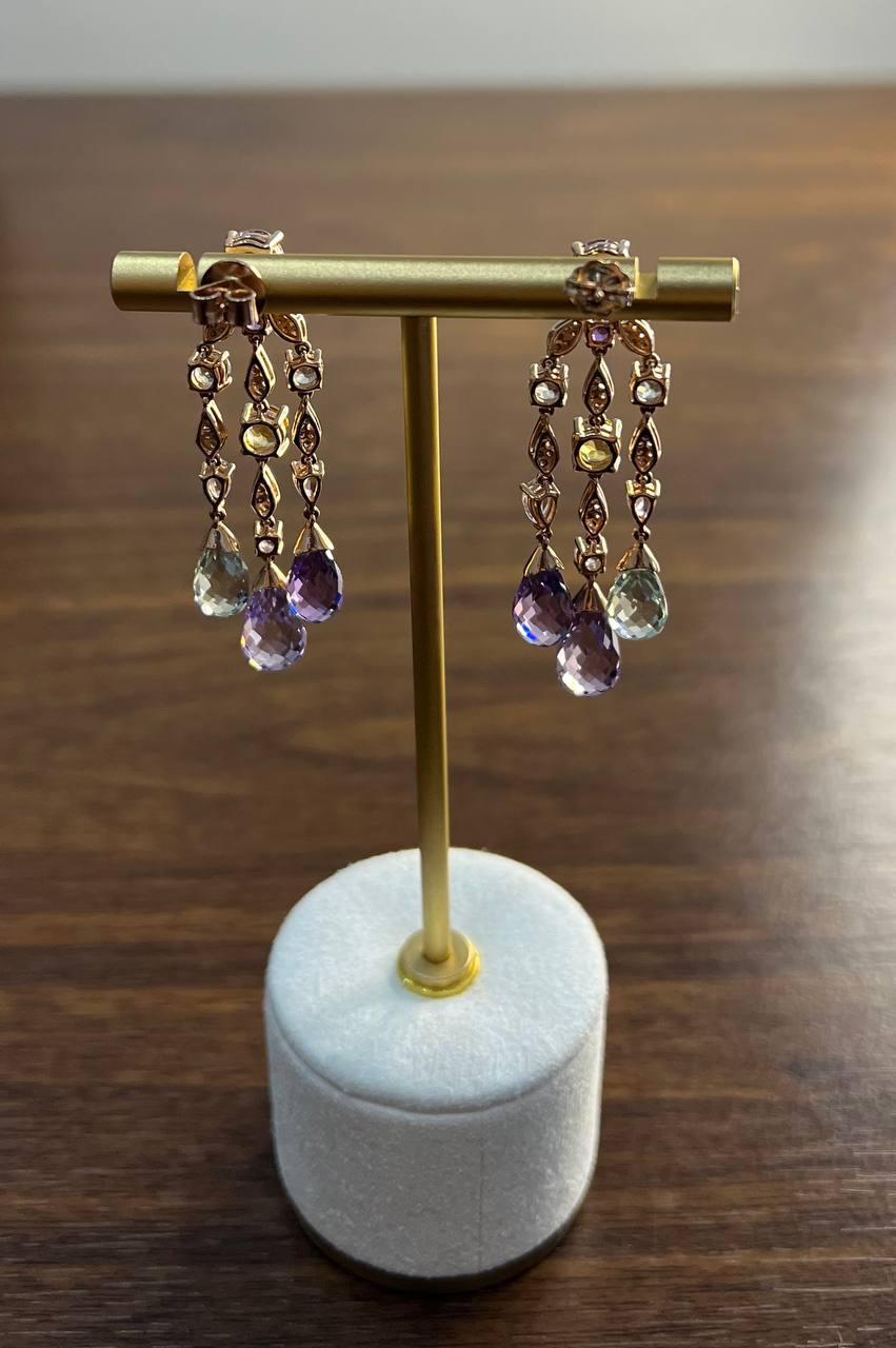 Violet Amethyst Blue Topaz Citrine Green Prasiolite 14K Rose Gold Drop Earrings