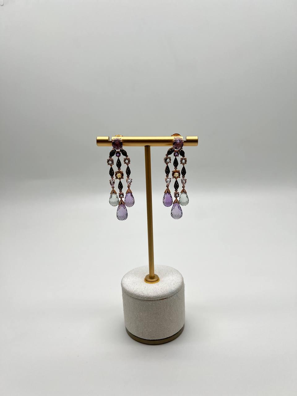 Violet Amethyst Blue Topaz Citrine Green Prasiolite 14K Rose Gold Drop Earrings