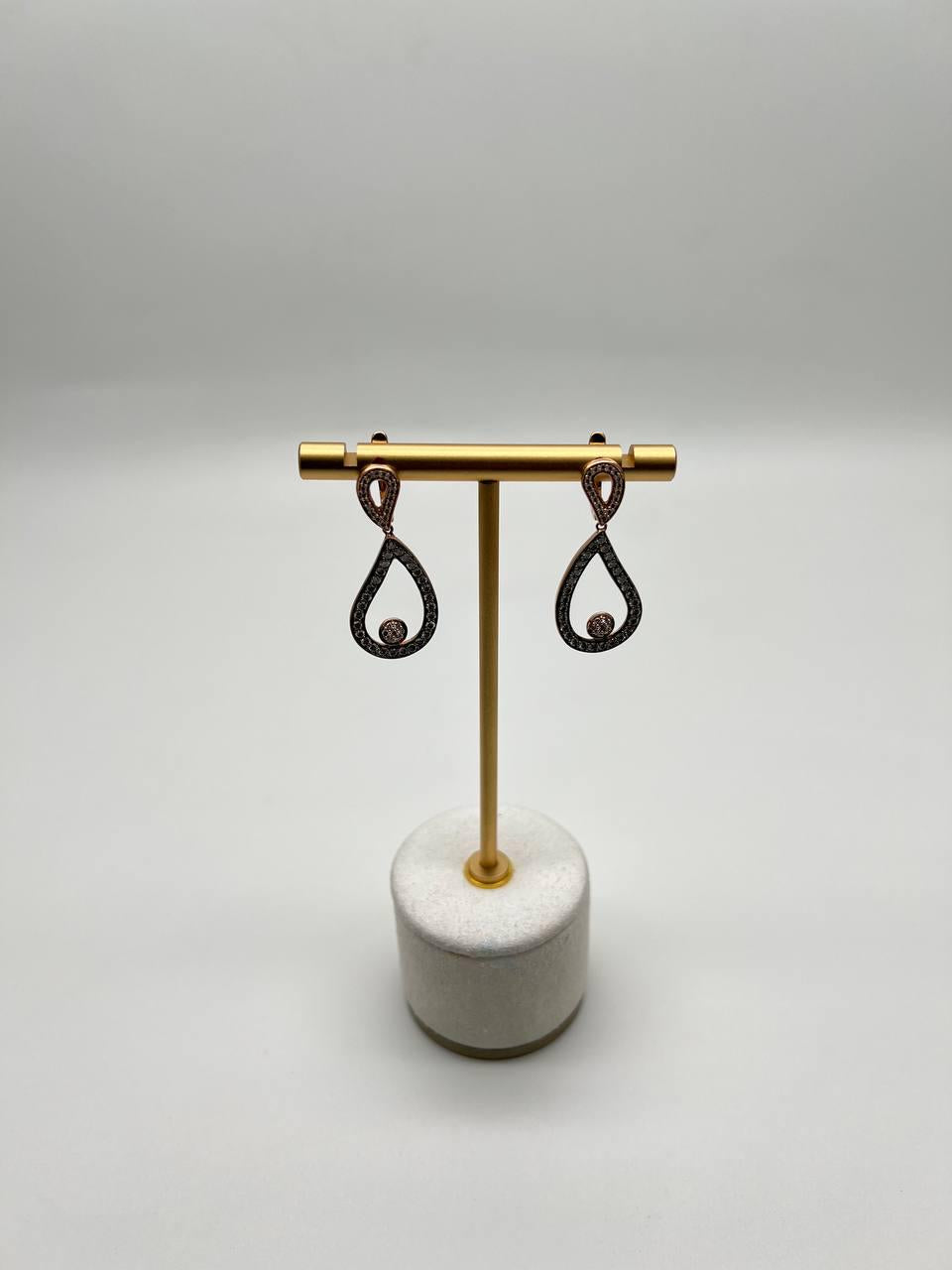 Geometric Wave Leaf Water Shape White Champagne Diamond 14K Yellow Gold Earrings