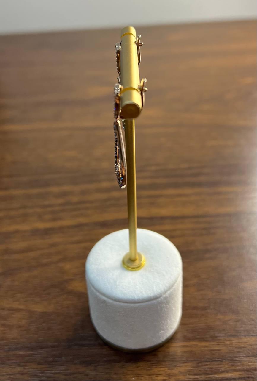 Geometric Wave Leaf Water Shape White Champagne Diamond 14K Yellow Gold Earrings