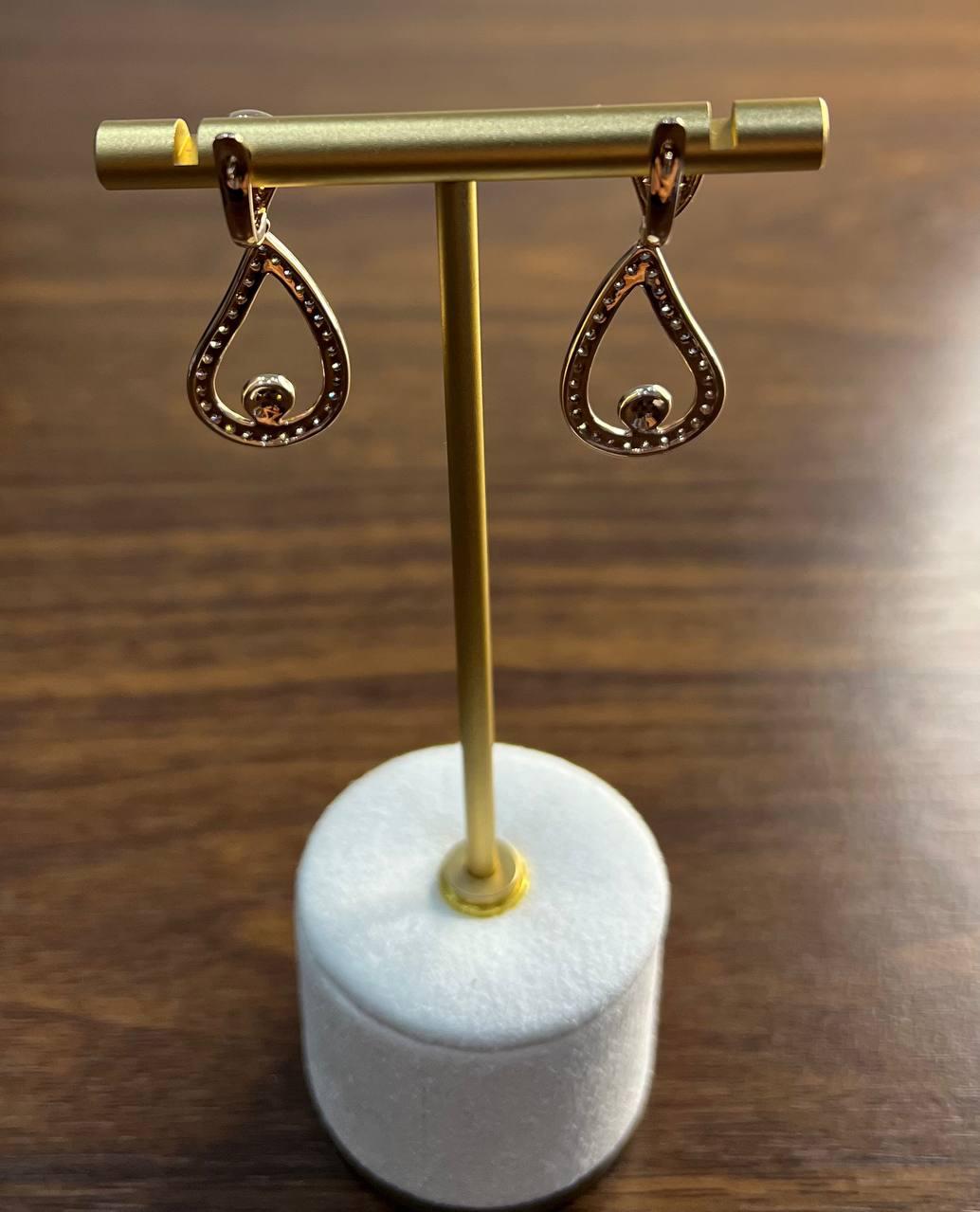 Geometric Wave Leaf Water Shape White Champagne Diamond 14K Yellow Gold Earrings