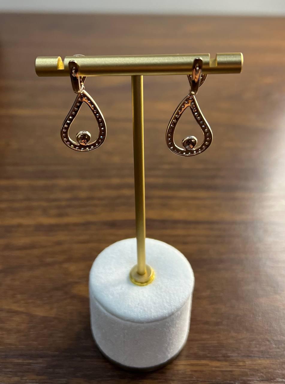 Geometric Wave Leaf Water Shape White Champagne Diamond 14K Yellow Gold Earrings