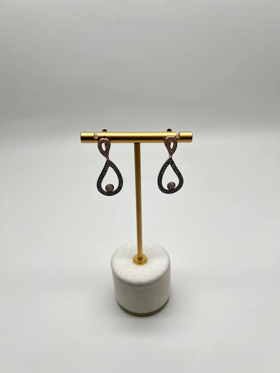 Geometric Wave Leaf Water Shape White Champagne Diamond 14K Yellow Gold Earrings