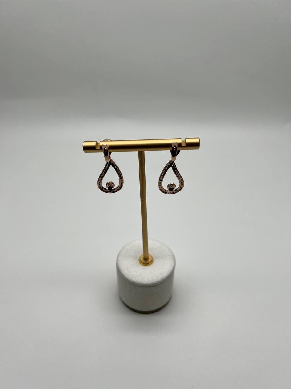 Geometric Wave Leaf Water Shape White Champagne Diamond 14K Yellow Gold Earrings