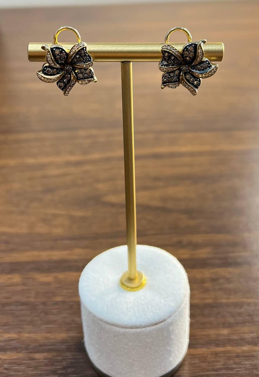 Petal Floral Flower Design Brown White Diamonds 14K Gold Statement Earrings