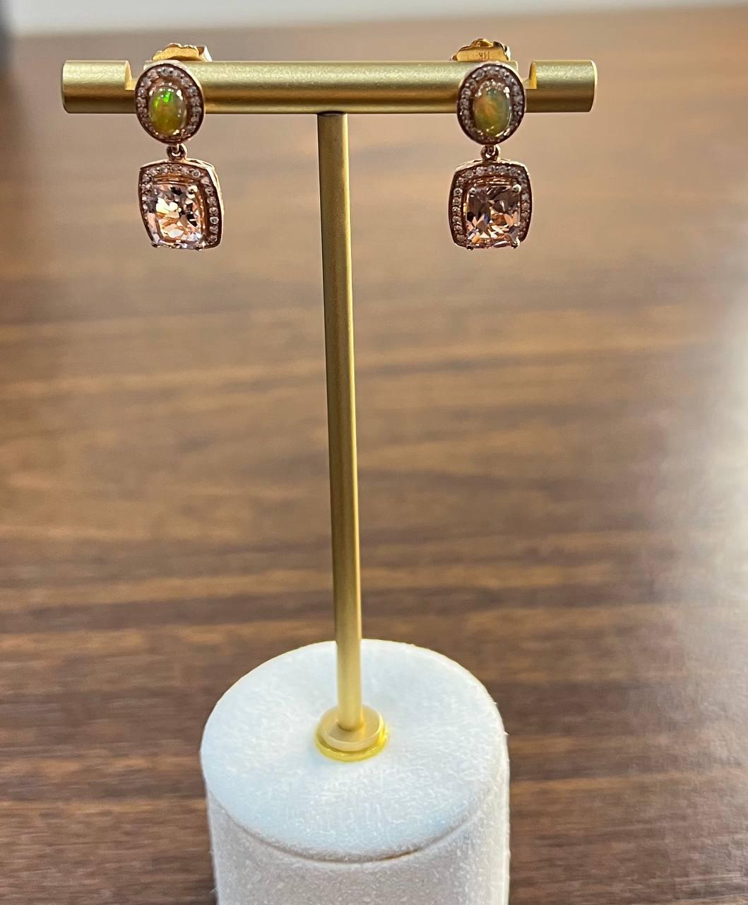 Cushion Pink Peach Morganite White Opals Halo Diamonds 14K Rose Gold Earrings