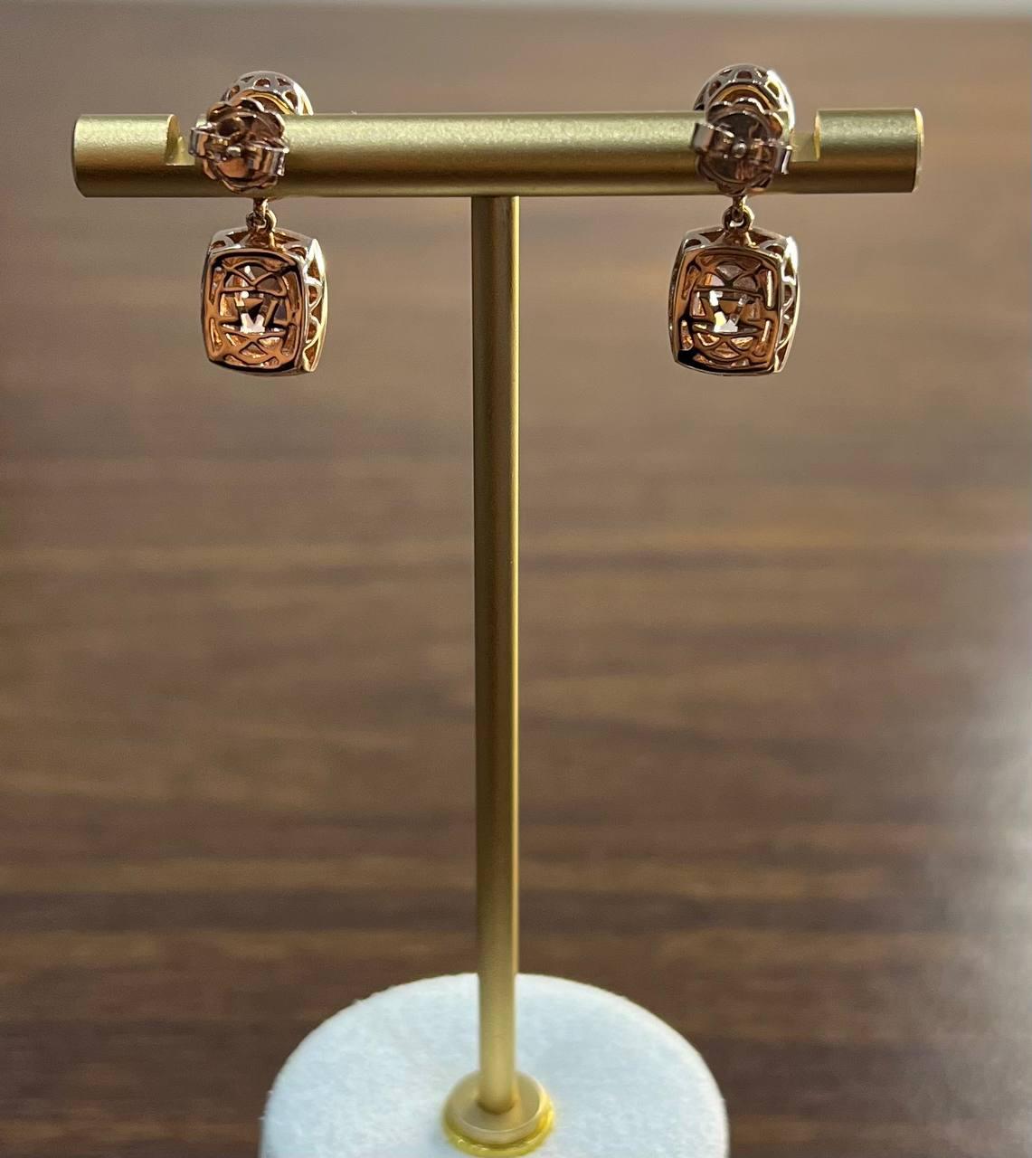 Cushion Pink Peach Morganite White Opals Halo Diamonds 14K Rose Gold Earrings