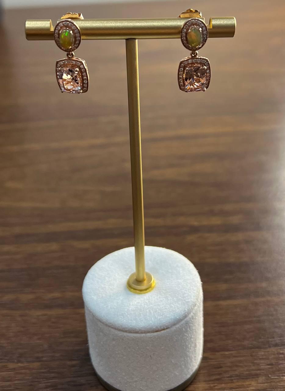 Cushion Pink Peach Morganite White Opals Halo Diamonds 14K Rose Gold Earrings